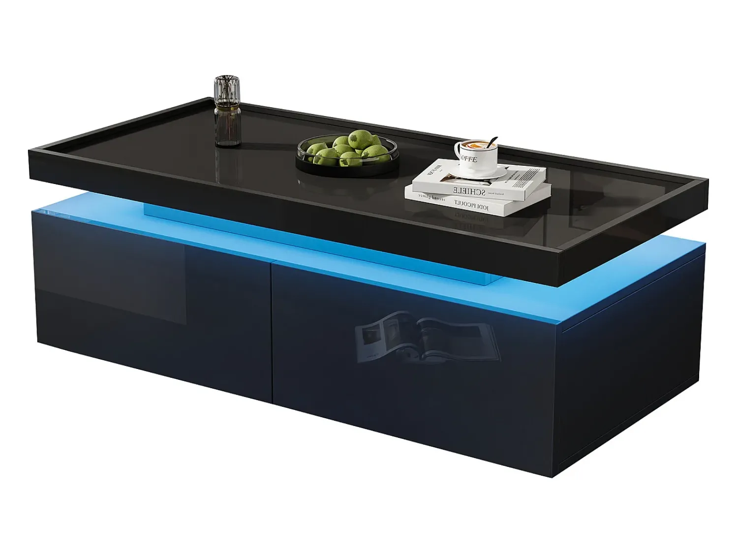 ModernLuxe Mesa de centro brilhante 95×45×35 cm - com iluminação LED - com 2 gavetas - Painel de partículas -^ Mesa De Centro