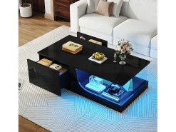 New Merax Mesa de centro brilhante - 100 x 50 x 30 cm - com 2 gavetas + LEDs - base de vidro temperado - MDF - Preto