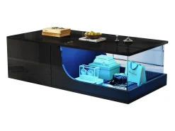 New Merax Mesa de centro brilhante - 100 x 50 x 30 cm - com 2 gavetas + LEDs - base de vidro temperado - MDF - Preto