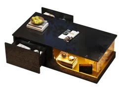 New Merax Mesa de centro brilhante - 100 x 50 x 30 cm - com 2 gavetas + LEDs - base de vidro temperado - MDF - Preto
