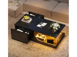 New Merax Mesa de centro brilhante - 100 x 50 x 30 cm - com 2 gavetas + LEDs - base de vidro temperado - MDF - Preto