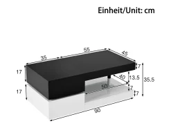 Merax Mesa de centro brilhante - 90 x 45 x 35,5 cm - com LEDs + prateleira de vidro - aglomerado - preto + branco^ Mesa De Centro