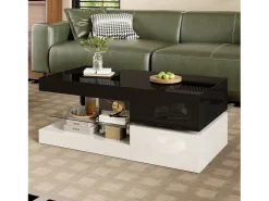 Merax Mesa de centro brilhante - 90 x 45 x 35,5 cm - com LEDs + prateleira de vidro - aglomerado - preto + branco^ Mesa De Centro