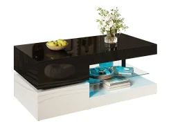 Merax Mesa de centro brilhante - 90 x 45 x 35,5 cm - com LEDs + prateleira de vidro - aglomerado - preto + branco^ Mesa De Centro