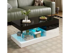 Merax Mesa de centro brilhante - 90 x 45 x 35,5 cm - com LEDs + prateleira de vidro - aglomerado - preto + branco^ Mesa De Centro
