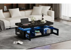 Mesa De Centro|Merax Mesa de centro brilhante - 100 x 50 x 43 cm - com LEDs + 2 portas + porta de carregamento e tomada - aglomerado - Preto