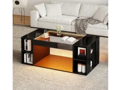 Sale ModernLuxe Mesa de centro brilhante 100x50x40cm - con iluminação LED - Armazenamento aberto - Tampos de vidro temperado - MDF - Preto