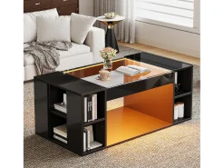 Sale ModernLuxe Mesa de centro brilhante 100x50x40cm - con iluminação LED - Armazenamento aberto - Tampos de vidro temperado - MDF - Preto