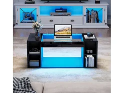 Sale ModernLuxe Mesa de centro brilhante 100x50x40cm - con iluminação LED - Armazenamento aberto - Tampos de vidro temperado - MDF - Preto