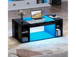 Sale ModernLuxe Mesa de centro brilhante 100x50x40cm - con iluminação LED - Armazenamento aberto - Tampos de vidro temperado - MDF - Preto