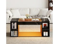 Sale ModernLuxe Mesa de centro brilhante 100x50x40cm - con iluminação LED - Armazenamento aberto - Tampos de vidro temperado - MDF - Preto