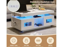 Mesa De Centro|Merax Mesa de centro brilhante - 100 x 50 x 43 cm - com LEDs + 2 portas + porta de carregamento e tomada - aglomerado - Branco