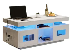 Mesa De Centro|Merax Mesa de centro brilhante - 100 x 50 x 43 cm - com LEDs + 2 portas + porta de carregamento e tomada - aglomerado - Branco