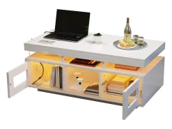 Mesa De Centro|Merax Mesa de centro brilhante - 100 x 50 x 43 cm - com LEDs + 2 portas + porta de carregamento e tomada - aglomerado - Branco