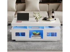 Mesa De Centro|Merax Mesa de centro brilhante - 100 x 50 x 43 cm - com LEDs + 2 portas + porta de carregamento e tomada - aglomerado - Branco