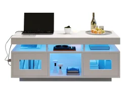 Mesa De Centro|Merax Mesa de centro brilhante - 100 x 50 x 43 cm - com LEDs + 2 portas + porta de carregamento e tomada - aglomerado - Branco