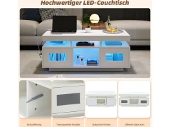 Mesa De Centro|Merax Mesa de centro brilhante - 100 x 50 x 43 cm - com LEDs + 2 portas + porta de carregamento e tomada - aglomerado - Branco