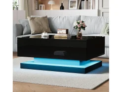 Merax Mesa de centro brilhante - 90 x 50 x 38 cm - mesa de sofá com 2 gavetas + LEDs - aglomerado -^ Mesa De Centro