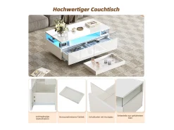 Mesa De Centro*Merax Mesa de centro brilhante - 90 x 45 x 35,5 cm - mesa de sofá com 2 gavetas + LEDs - aglomerado - Branco