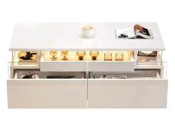 Mesa De Centro*Merax Mesa de centro brilhante - 90 x 45 x 35,5 cm - mesa de sofá com 2 gavetas + LEDs - aglomerado - Branco