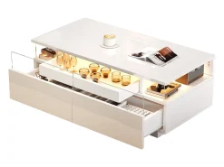 Mesa De Centro*Merax Mesa de centro brilhante - 90 x 45 x 35,5 cm - mesa de sofá com 2 gavetas + LEDs - aglomerado - Branco
