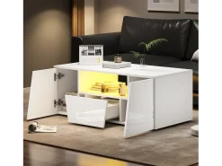 Hot Merax Mesa de centro brilhante - 100 x 50 x 40 cm - com LEDs + 2 portas + 1 gaveta - aglomerado - Branco