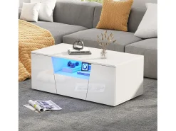Hot Merax Mesa de centro brilhante - 100 x 50 x 40 cm - com LEDs + 2 portas + 1 gaveta - aglomerado - Branco