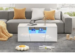Hot Merax Mesa de centro brilhante - 100 x 50 x 40 cm - com LEDs + 2 portas + 1 gaveta - aglomerado - Branco