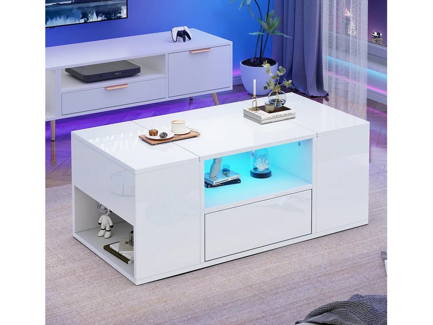 ModernLuxe Mesa de centro brilhante 100x50x40 cm - con 1 gaveta e compartimentos de armazenamento - con iluminação LED - Painéis de partículas -^ Mesa De Centro