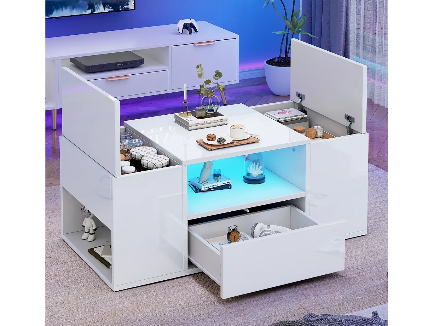 ModernLuxe Mesa de centro brilhante 100x50x40 cm - con 1 gaveta e compartimentos de armazenamento - con iluminação LED - Painéis de partículas -^ Mesa De Centro