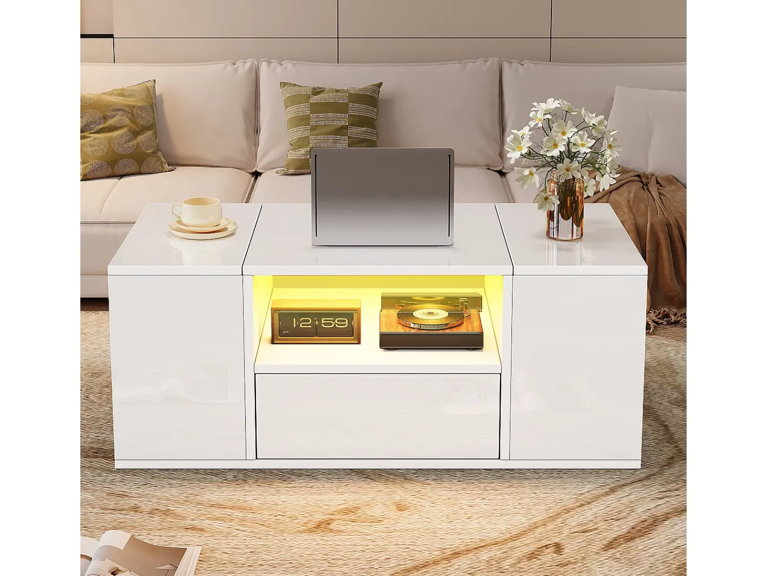 ModernLuxe Mesa de centro brilhante 100x50x40 cm - con 1 gaveta e compartimentos de armazenamento - con iluminação LED - Painéis de partículas -^ Mesa De Centro