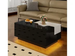 Mesa De Centro*Merax Mesa de centro brilhante - 80 x 50 x 35,5 cm - tampo extensível + 1 gaveta + LEDs - MDF - Preto