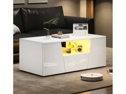 Mesa De Centro|ModernLuxe Mesa de centro brilhante 100×50×40 cm - com iluminação LED - 2 portas e 1 gaveta - Branco