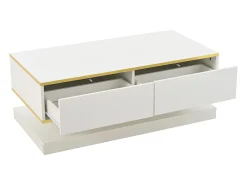 Mesa De Centro|ModernLuxe Mesa de centro brilhante 100×50×38 cm - 2 gavetas - acabamento dourado - painel de partículas - Branco