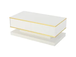 Mesa De Centro|ModernLuxe Mesa de centro brilhante 100×50×38 cm - 2 gavetas - acabamento dourado - painel de partículas - Branco