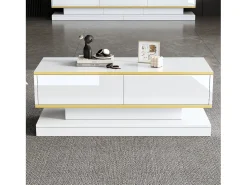 Mesa De Centro|ModernLuxe Mesa de centro brilhante 100×50×38 cm - 2 gavetas - acabamento dourado - painel de partículas - Branco