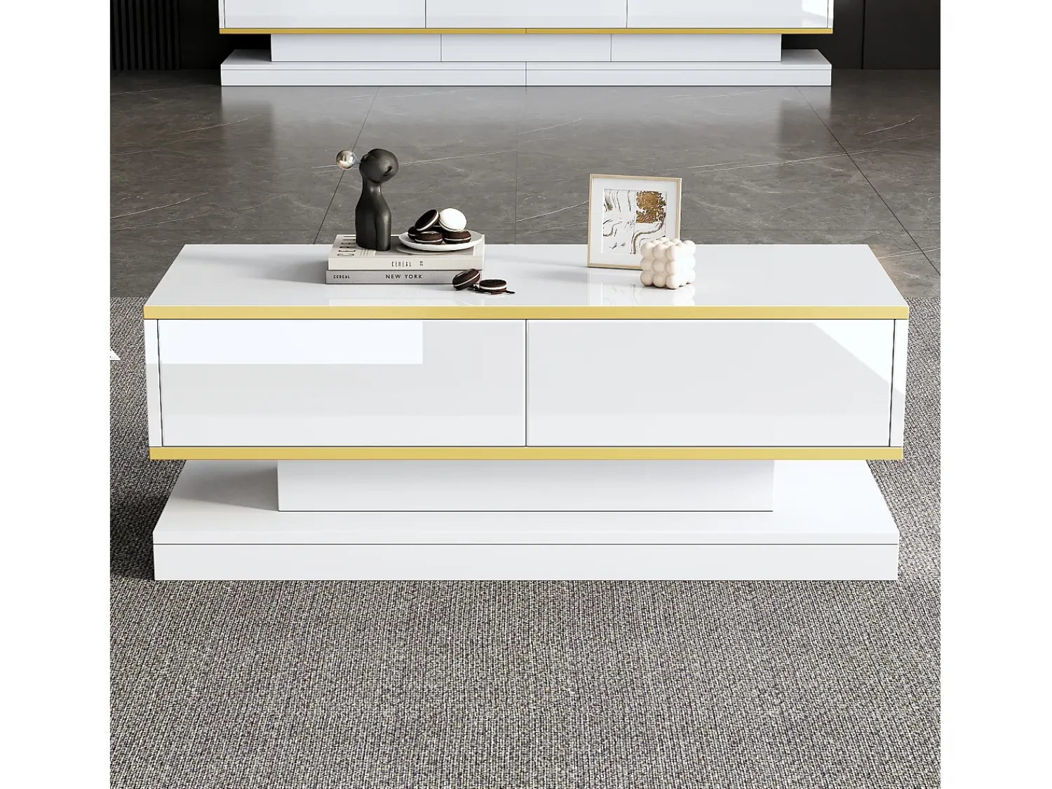 Mesa De Centro|ModernLuxe Mesa de centro brilhante 100×50×38 cm - 2 gavetas - acabamento dourado - painel de partículas - Branco
