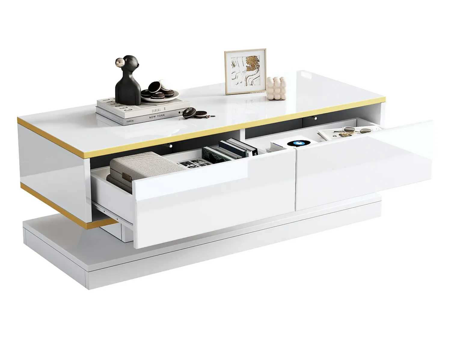 Mesa De Centro|ModernLuxe Mesa de centro brilhante 100×50×38 cm - 2 gavetas - acabamento dourado - painel de partículas - Branco