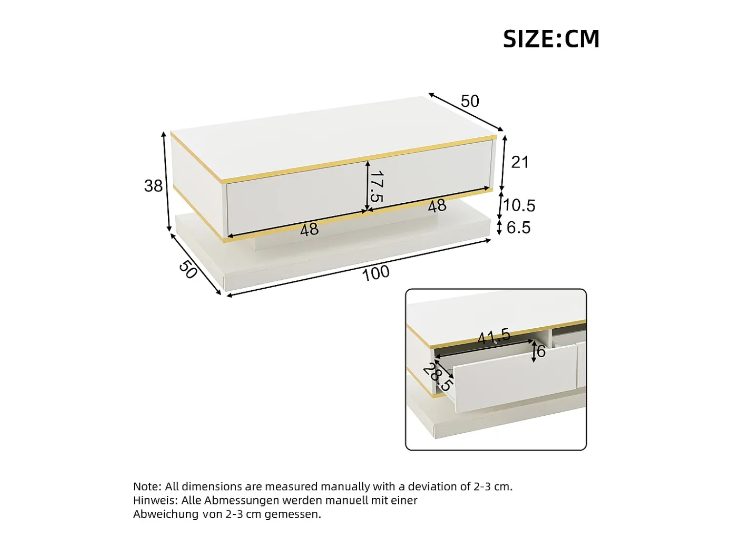 Mesa De Centro|ModernLuxe Mesa de centro brilhante 100×50×38 cm - 2 gavetas - acabamento dourado - painel de partículas - Branco