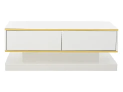 Mesa De Centro|ModernLuxe Mesa de centro brilhante 100×50×38 cm - 2 gavetas - acabamento dourado - painel de partículas - Branco