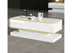 Mesa De Centro|ModernLuxe Mesa de centro brilhante 100×50×38 cm - 2 gavetas - acabamento dourado - painel de partículas - Branco