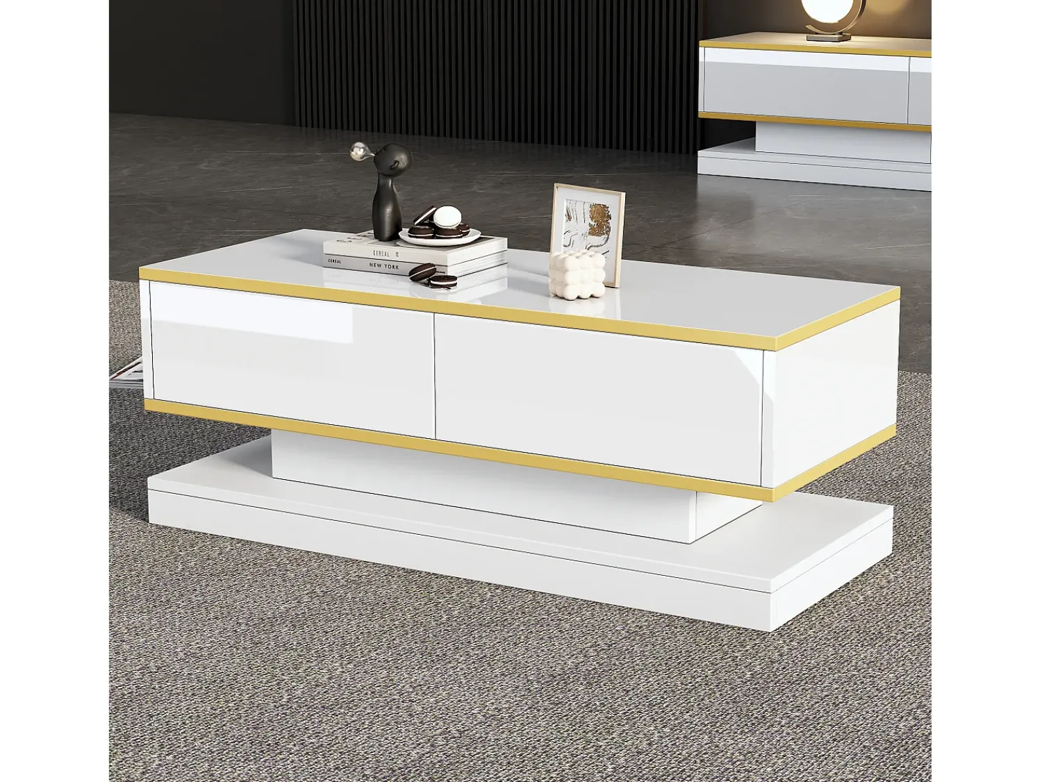 Mesa De Centro|ModernLuxe Mesa de centro brilhante 100×50×38 cm - 2 gavetas - acabamento dourado - painel de partículas - Branco