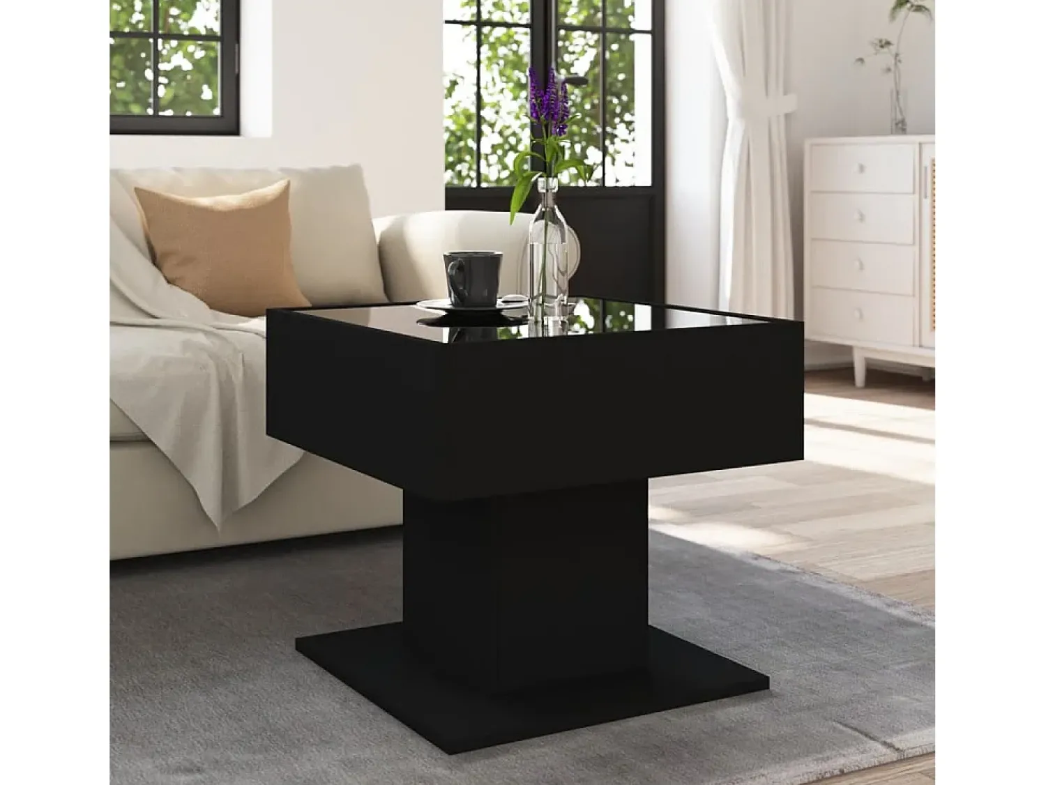 Outlet vidaxl Mesa de centro c/ LEDs 50x50x45cm contraplacado brilhante Preto