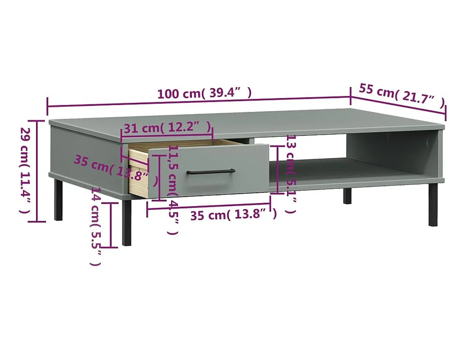 Online vidaxl Mesa de centro c/ pernas de metal pinho maciço OSLO Cinzento