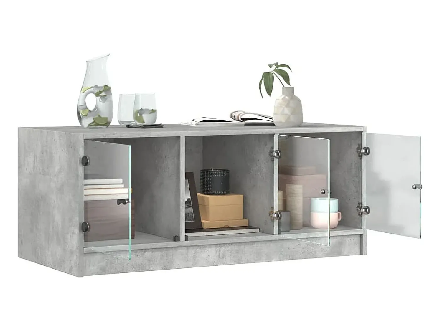 Mesa de centro c/ portas de vidro 102x50x42 cm cinza cimento PT126808^ Mesa De Centro
