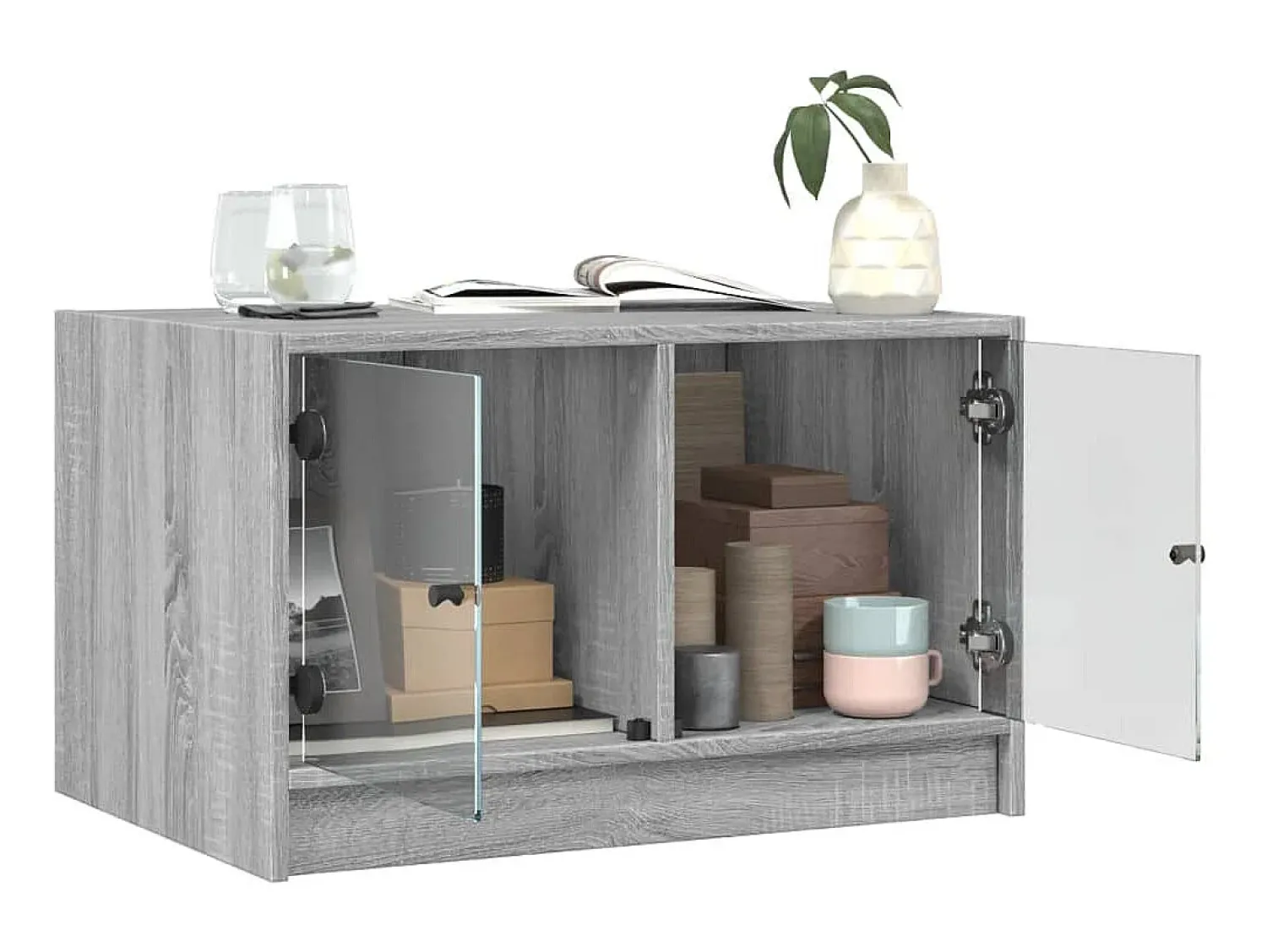 Outlet Mesa de centro c/ portas de vidro 68x50x42 cm cinza sonoma PT923274 Cinzento