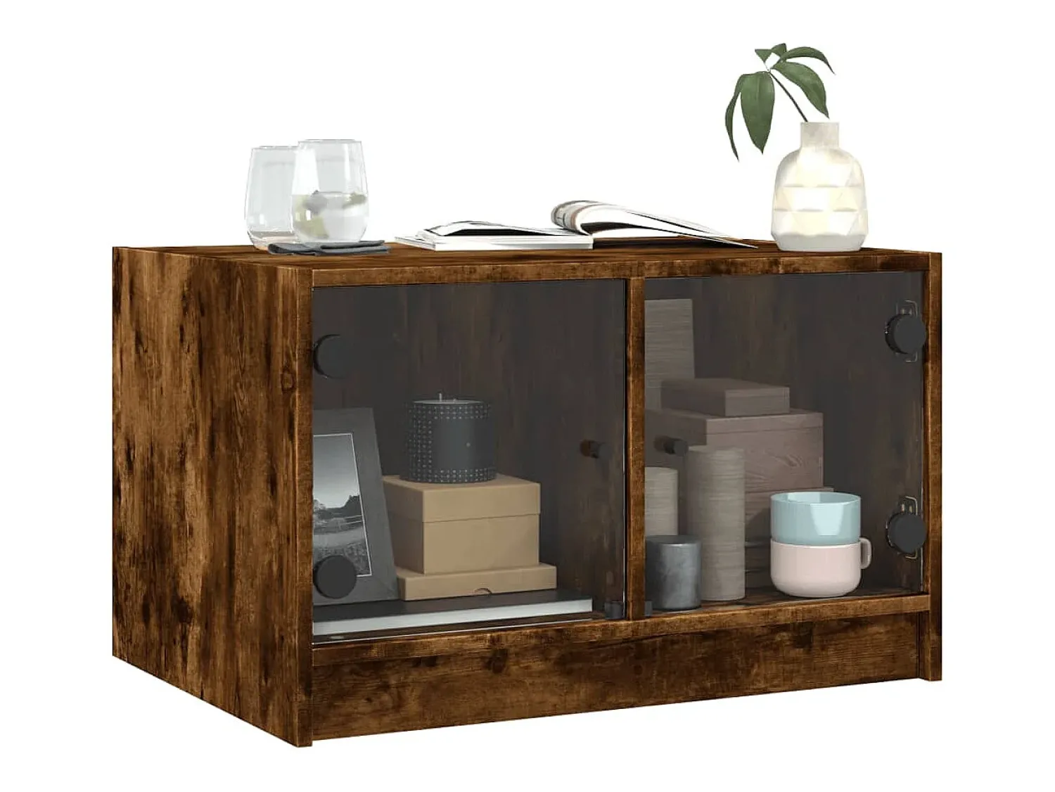 vidaxl Mesa de centro c/ portas de vidro 68x50x42 cm carvalho fumado^ Mesa De Centro