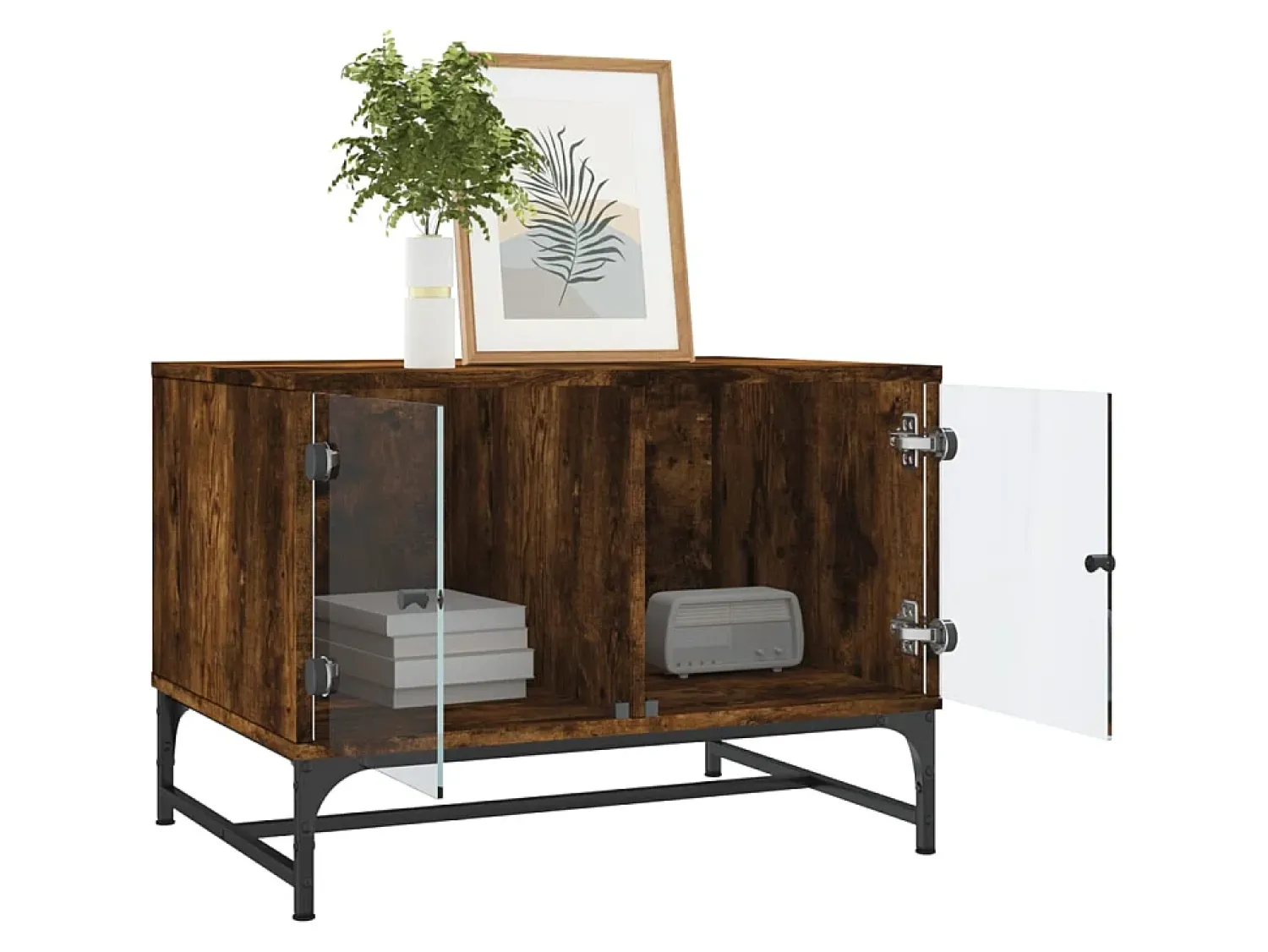 Mesa de centro c/ portas de vidro 68,5x50x50 cm carvalho fumado PT967320^ Mesa De Centro