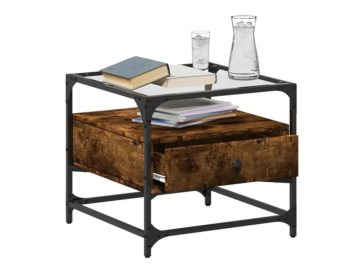 Mesa De Centro| Mesa de centro c/ topo de vidro 50x50x45 cm carvalho fumado aço PT325567 Castanho