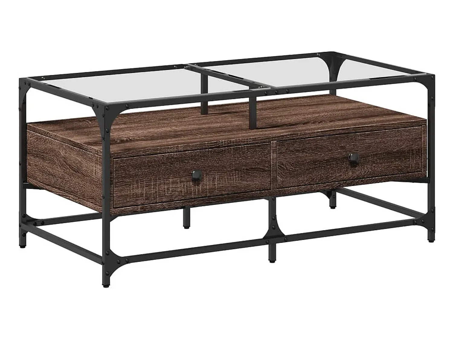 Mesa De Centro| Mesa de centro c/ topo vidro 98,5x50x45cm carvalho aço PT101796 Castanho
